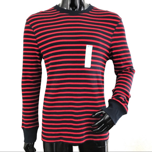 red and blue striped long sleeve shirt